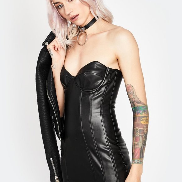 🎃Dolls Kill Vegan Bodycon Strapless Dress Black L - Picture 1 of 10